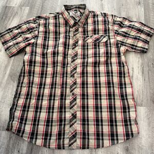 Mossy Oak Plaid Shirt Mens Size L Large Button Front Tan Short Sleeve Pocket